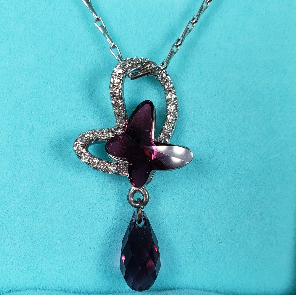 Citled Swarovski Crystal Birth Stone Amethyst Double Butterfly Pendant - Picture 1 of 13